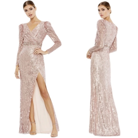 Size 12โ - Mac Duggal Pink Sequin Puff Sleeve Surplice Gown - Picture 1 of 6